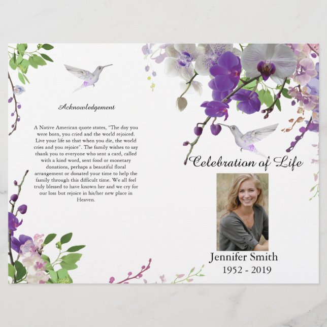 Lila Orchids Hummingbird Beerdigung Programm Flyer (Vorne)
