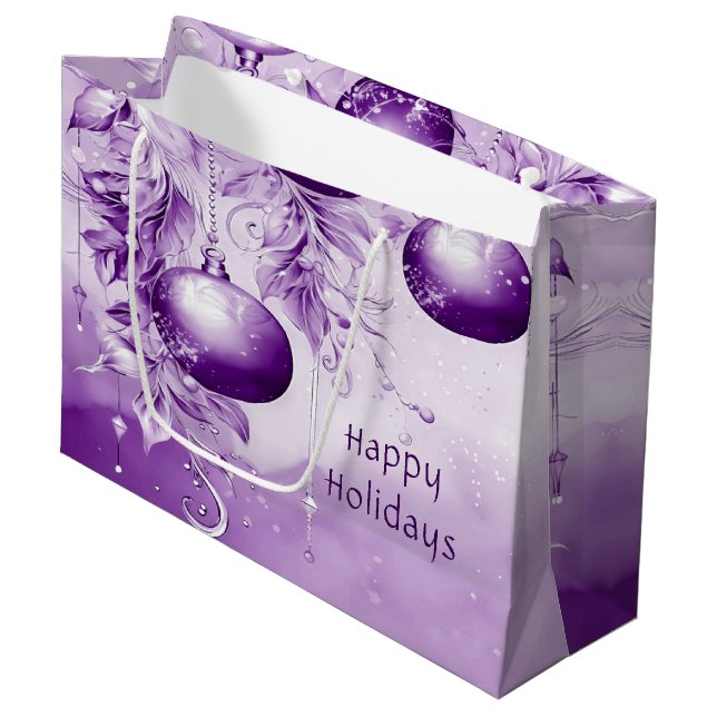 Lila Ornamente Weihnachtsgeschenke Große Geschenktüte (Vorderseite Schrägansicht)