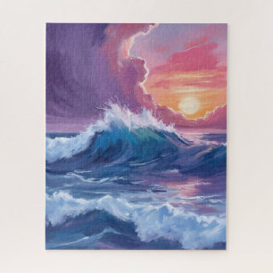 Lila Ozeanwellen Sonnenuntergang Aquarellmalerei