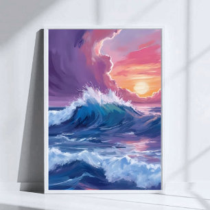 Lila Ozeanwellen Sonnenuntergang Aquarellmalerei Poster