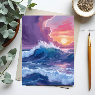 Lila Ozeanwellen Sonnenuntergang Aquarellmalerei Postkarte