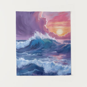 Lila Ozeanwellen Sonnenuntergang Aquarellmalerei Wandteppich