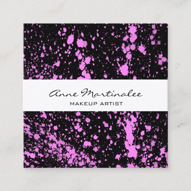 Lila Paint-Spritzer auf Schwarz Quadratische Visitenkarte (Vorderseite)