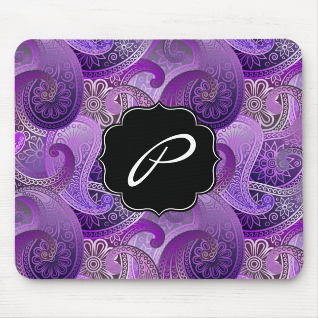 Lila Paisley-Muster mit benutzerdefiniertem Monogr Mousepad (Vorne)