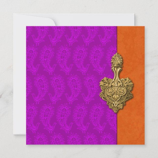 Lila Paisley Peacock Indian Wedding Einladung (Vorderseite)