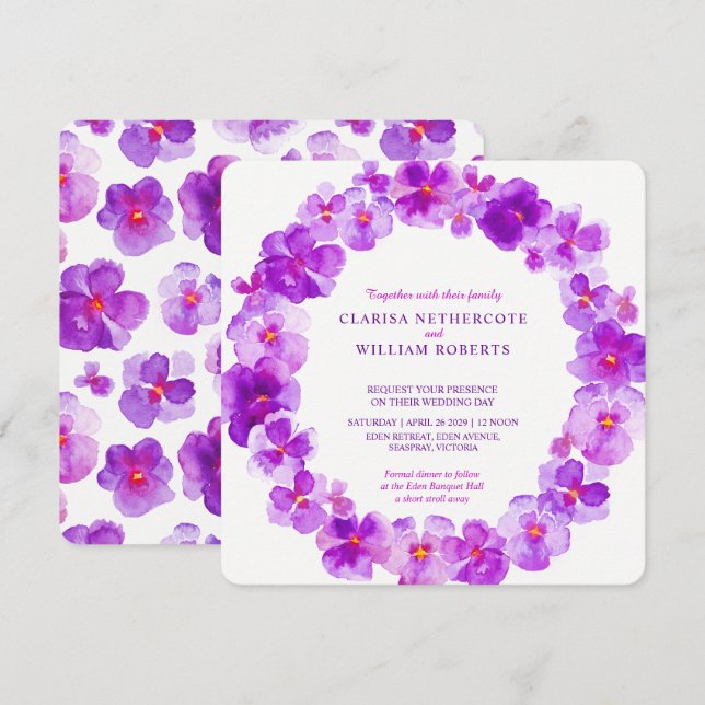 Lila Pansy Aquarell Blume Einladung zur Hochzeit (Vorne/Hinten)