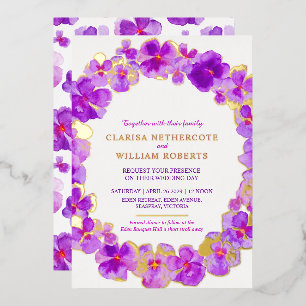 Lila Pansy Aquarell Blume Hochzeitsgold Folieneinladung