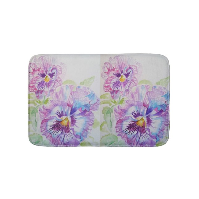 Lila Pansy Aquarellfarben Stiefmütterchen Blumenma Badematte (Vorderseite)