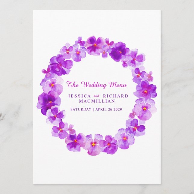 Lila Pansy Art Blume Kranz Hochzeitsmenü Menükarte (Vorderseite)