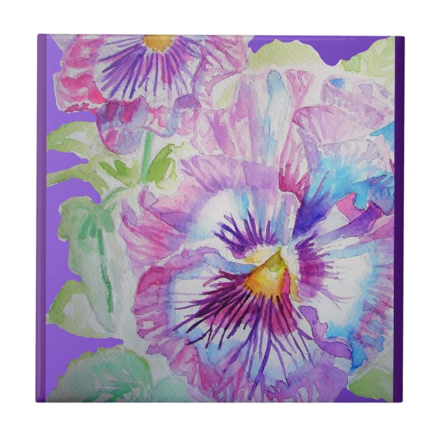 Lila Pansy Blume Aquarell Keramik Tile Fliese (Vorderseite)
