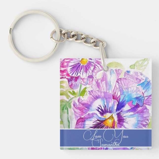 Lila Pansy Blume Blumenfrauen Geburtsname Schlüsselanhänger (Vorderseite)