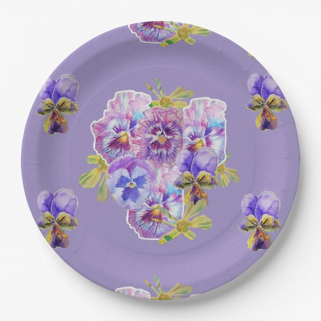 Lila Pansy-Blume-Musterpapierplatte Party Pappteller (Vorderseite)