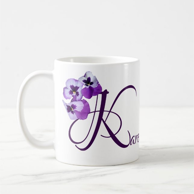 Lila Pansy floral boho, individueller Karenname Kaffeetasse (Links)
