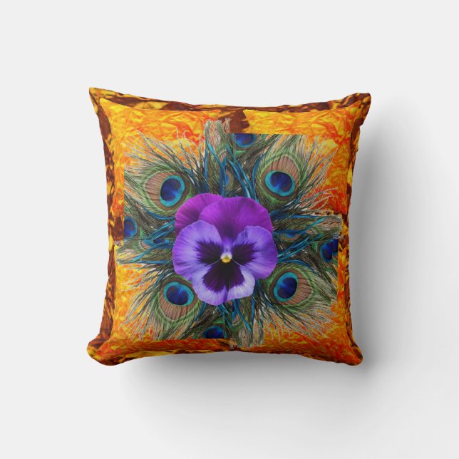 LILA PANSY-GRÜN-PFAU-GOLDkunst Kissen (Vorderseite)