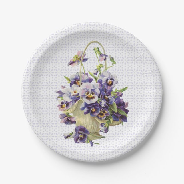 Lila Pansy-Korb auf Eyelet Lace Pappteller (Vorderseite)