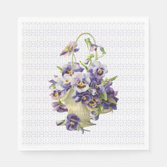 Lila Pansy-Korb auf Eyelet Lace Serviette (Vorderseite)
