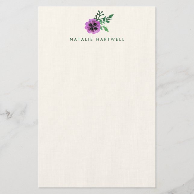 Lila Pansy Personalisiert Linen Stationery Briefpapier (Vorderseite)