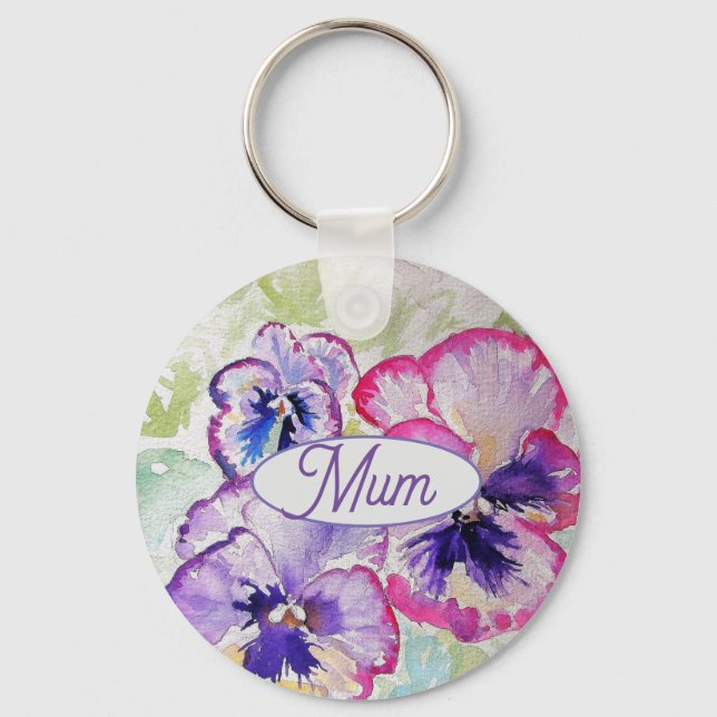 Lila Pansy Pink Blume Floral Wasserfarbe Mama Schlüsselanhänger (Vorderseite)