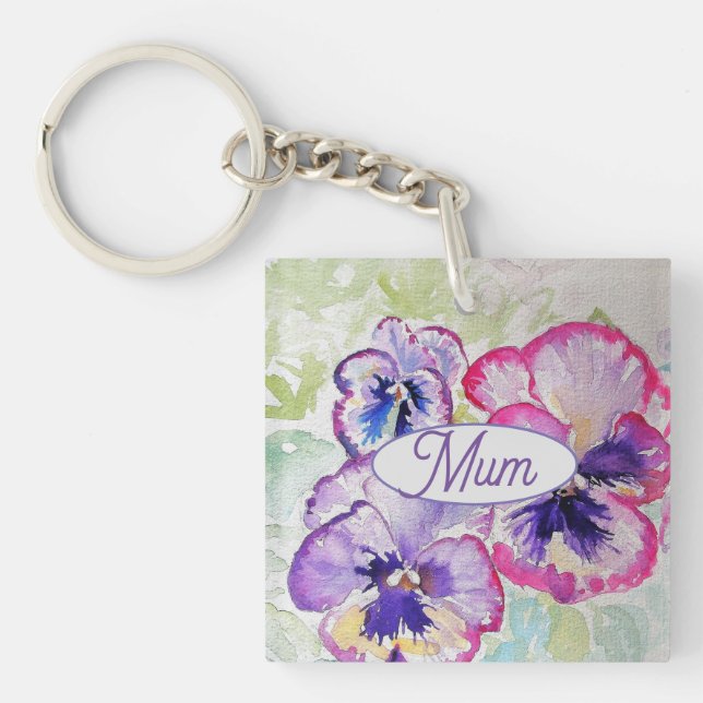 Lila Pansy Pink Blume Floral Wasserfarbe Mum Schlüsselanhänger (Vorderseite)