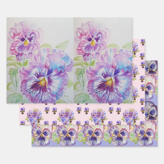 Lila Pansy Stiefmütterchen Blume Aquarellmalerei Geschenkpapier Set (Set)