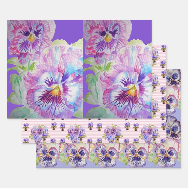 Lila Pansy Stiefmütterchen Blume Aquarellmalerei Geschenkpapier Set (Set)