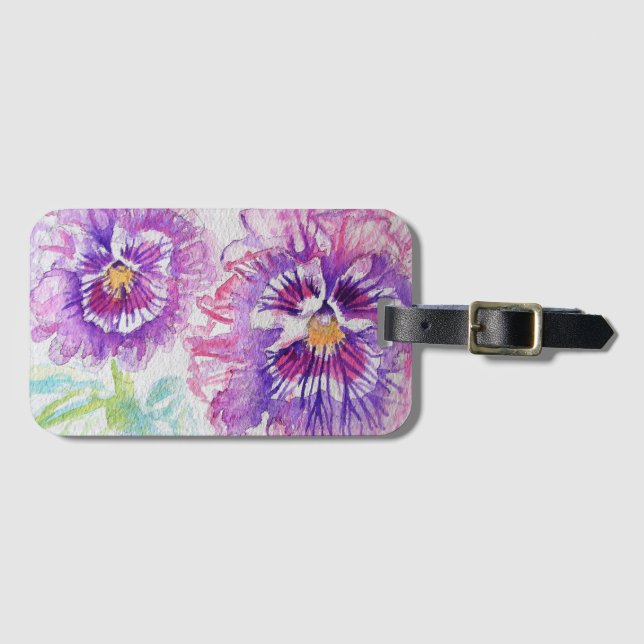 Lila PansyFlower Floral Wasserfarbe Gepäckstück Gepäckanhänger (Vorderseite (Horizontal))