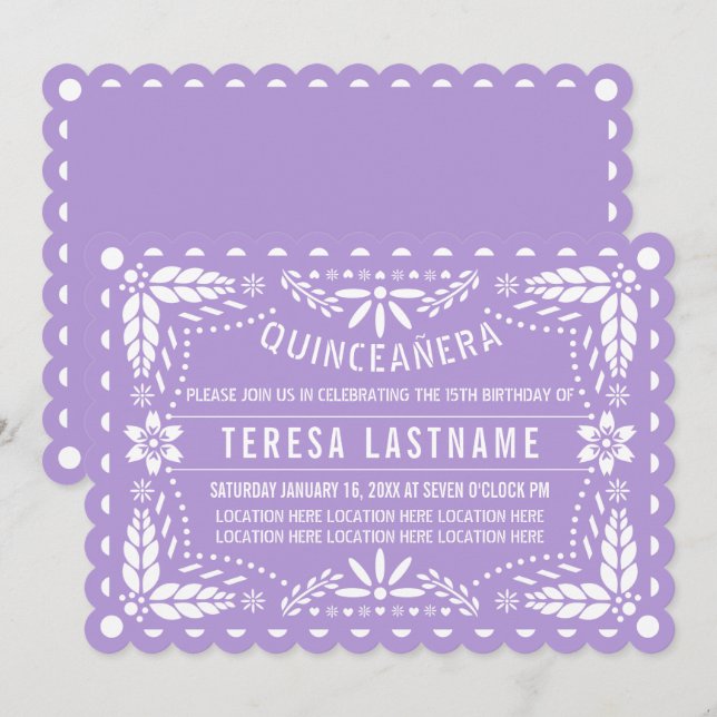 Lila Papagei-Picado-Blume Quinceañera Einladung (Vorne/Hinten)
