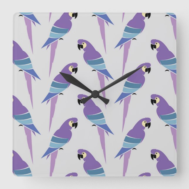 Lila Papageien Quadratische Wanduhr (Vorderseite)