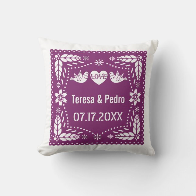 Lila Papelpikado liebt Vögel Hochzeit Fest Kissen (Vorderseite)