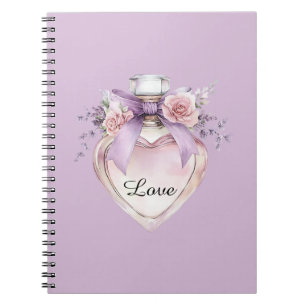 Lila Parfümflasche Schleife rosa Blumen Notizblock
