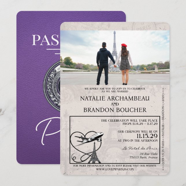 Lila Paris-Passport-Hochzeit Einladung (Vorne/Hinten)