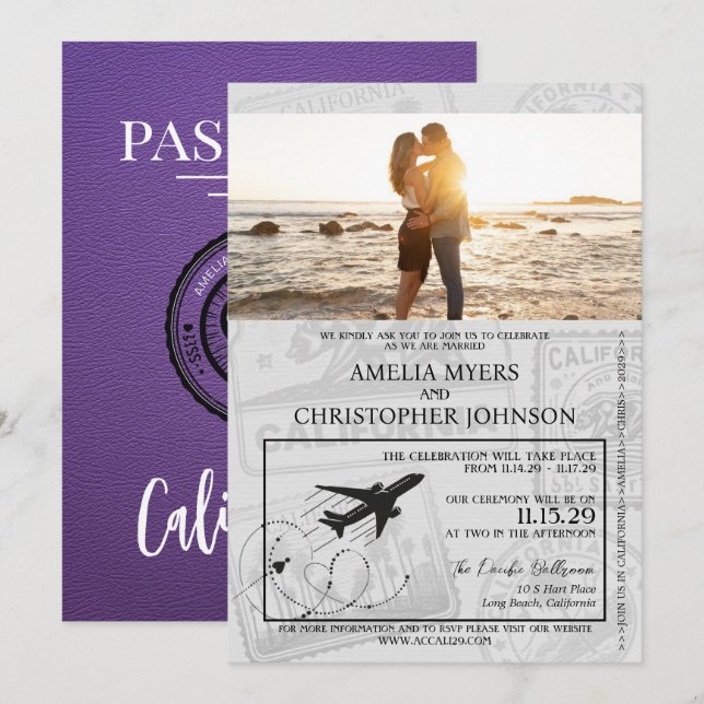 Lila Passport-Hochzeit in Kalifornien Einladung (Vorne/Hinten)