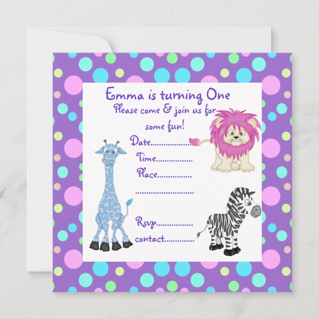 LILA PASTEL SPOT ZOO TIERE PARTY EINLADUNG (Vorderseite)