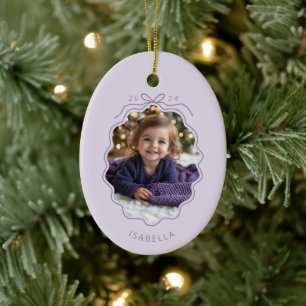 Lila Pastell-Foto-Ornament mit einfacher Schleife Keramik Ornament