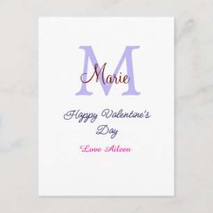 Lila Pastell Frohes Valentinstag Rosa Monogramm Postkarte