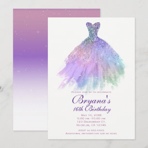 Lila Pastell Glitter Glam Kleid Süße 16 Party Einladung