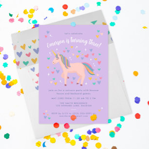 Lila Pastell Regenbogen Einhorn Geburtstagsfeier Einladung