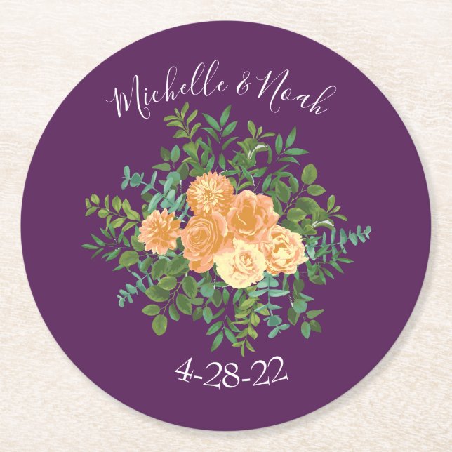 Lila Peach Wedding Floral Rose Runder Pappuntersetzer (Vorderseite)