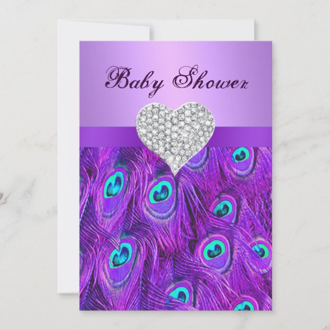 Lila Peacock Diamond Heart Babydusche lädt ein Einladung (Vorderseite)