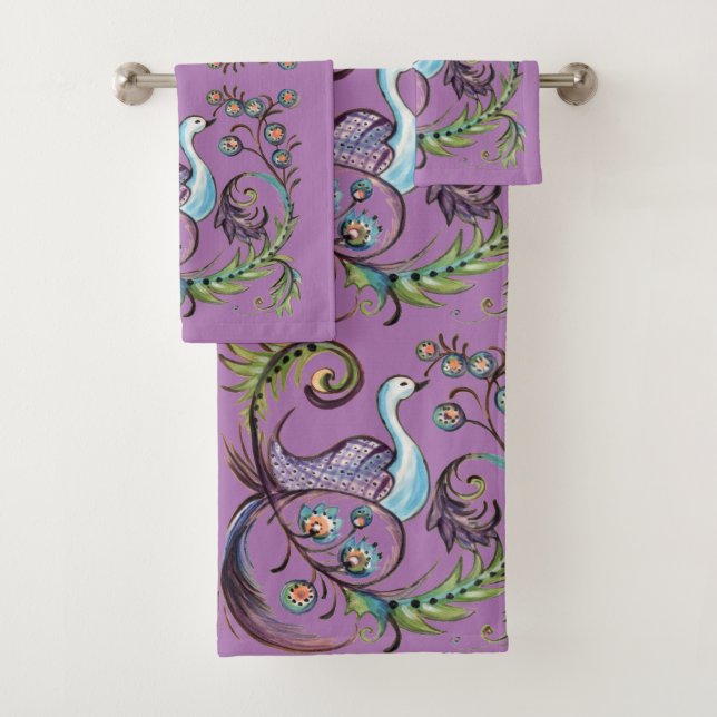 Lila Peacock Exotic Türkis Scroll Chinoiserie Badhandtuch Set (Insitu)