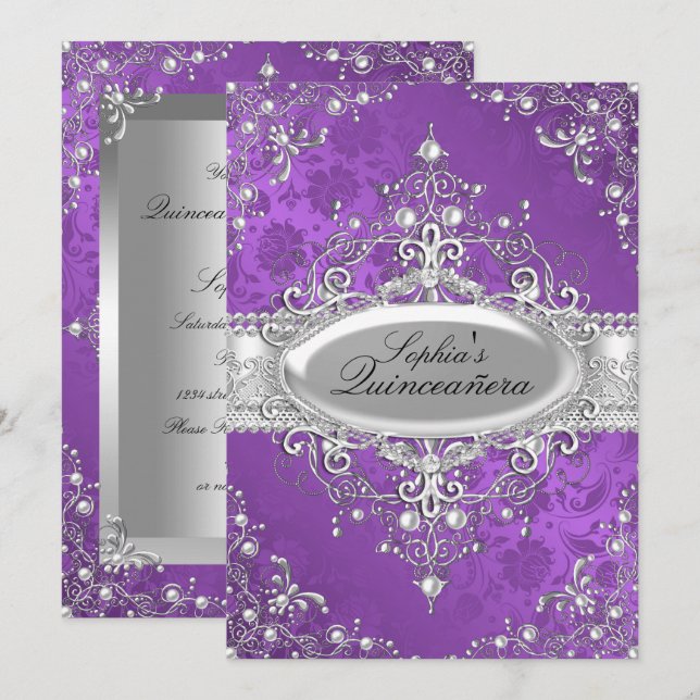Lila Pearl Vintag Glamour Quinceanera Einladung (Vorne/Hinten)