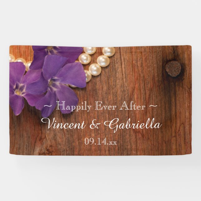 Lila Pearls, Pearls und Barnholz Hochzeit Banner (Horizontal)