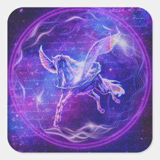 Lila Pegasus | Neon-Geflügeltes Pferd-Galaxie-Kuns Quadratischer Aufkleber