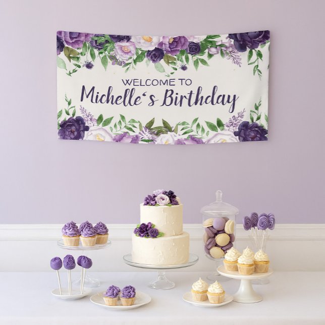 Lila Peonies Blumenfrauen Geburtstag Willkommen Banner (Purple floral birthday banner customizable with your own text.)