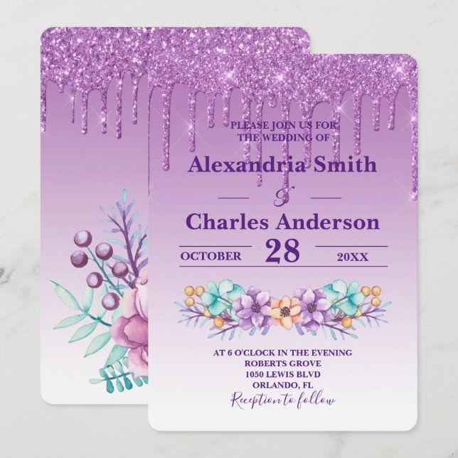 Lila Peonies Driving Glitzer Wedding Einladung (Vorne/Hinten)