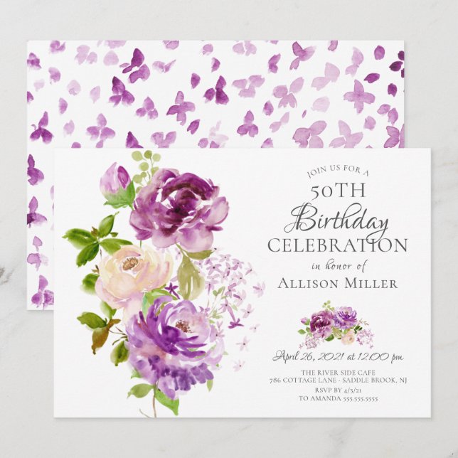 Lila Peonies Floral Geburtstag Einladung (Vorne/Hinten)
