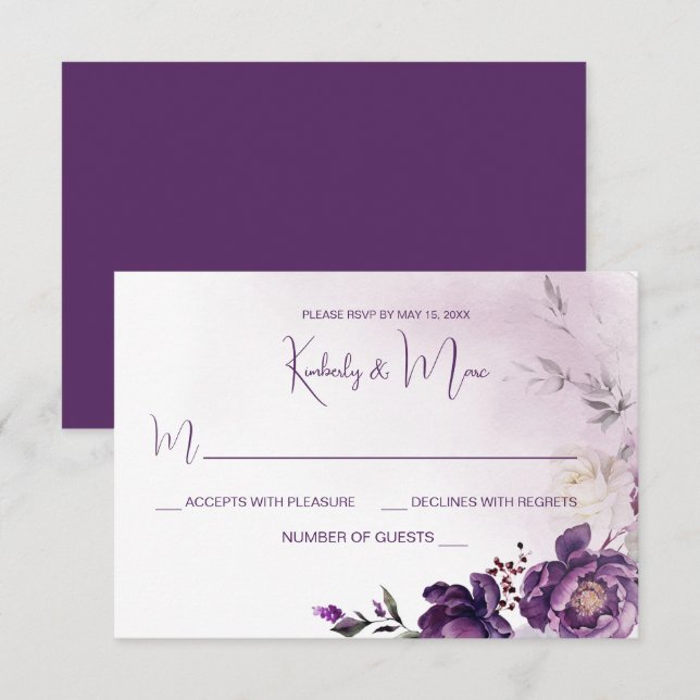 Lila Peonies Floral Wedding RSVP Einladung (Vorne/Hinten)