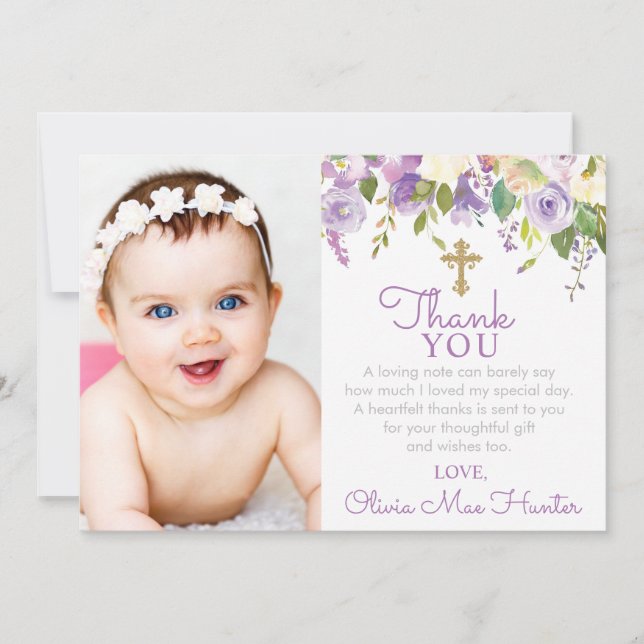 Lila Peonies Girl Baptisc Foto Dankeskarte (Vorderseite)