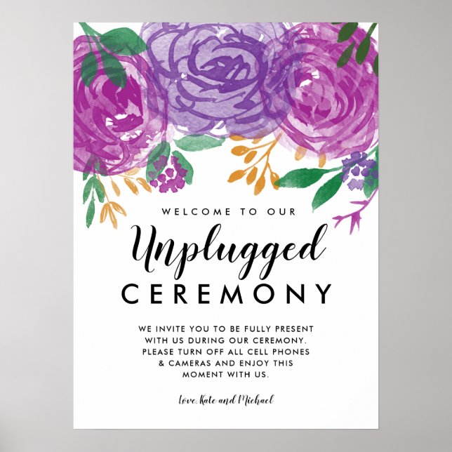Lila Peonies Unplugged Wedding Ceremony Sign Poster (Vorne)