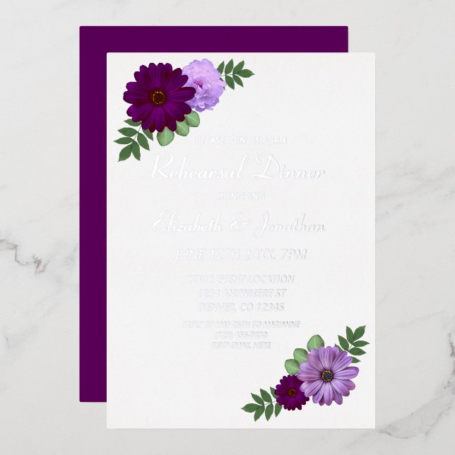 Lila Peony Floral Probe Dinner Folieneinladung (Vorderseite/Rückseite)